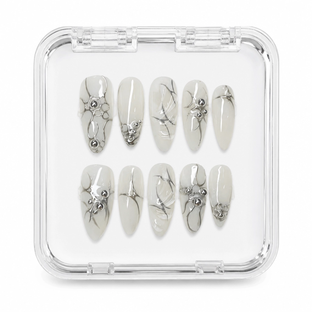 Press-on Nails Wholesale $6.90 Silver Blossom by Yabe Vietnam