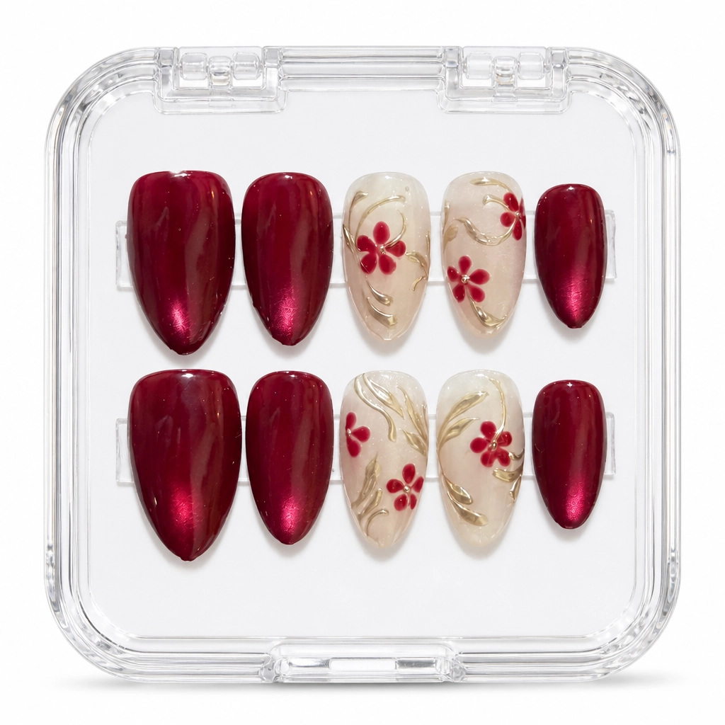 Press-on Nails Wholesale $7.90 Crimson Floral Elegance by Yabe Vietnam