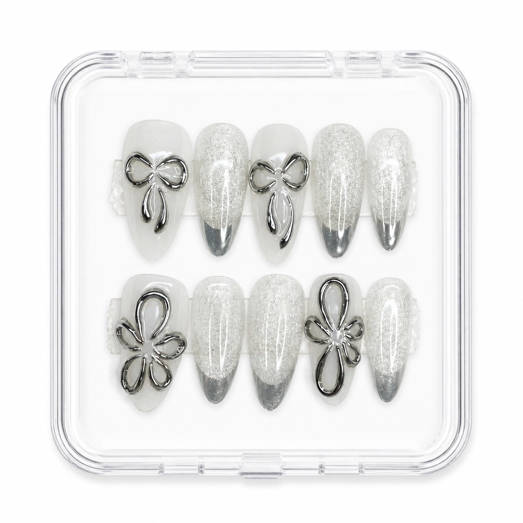 Press-on Nails Wholesale $7.90 Silver Bow Garden by Yabe Vietnam