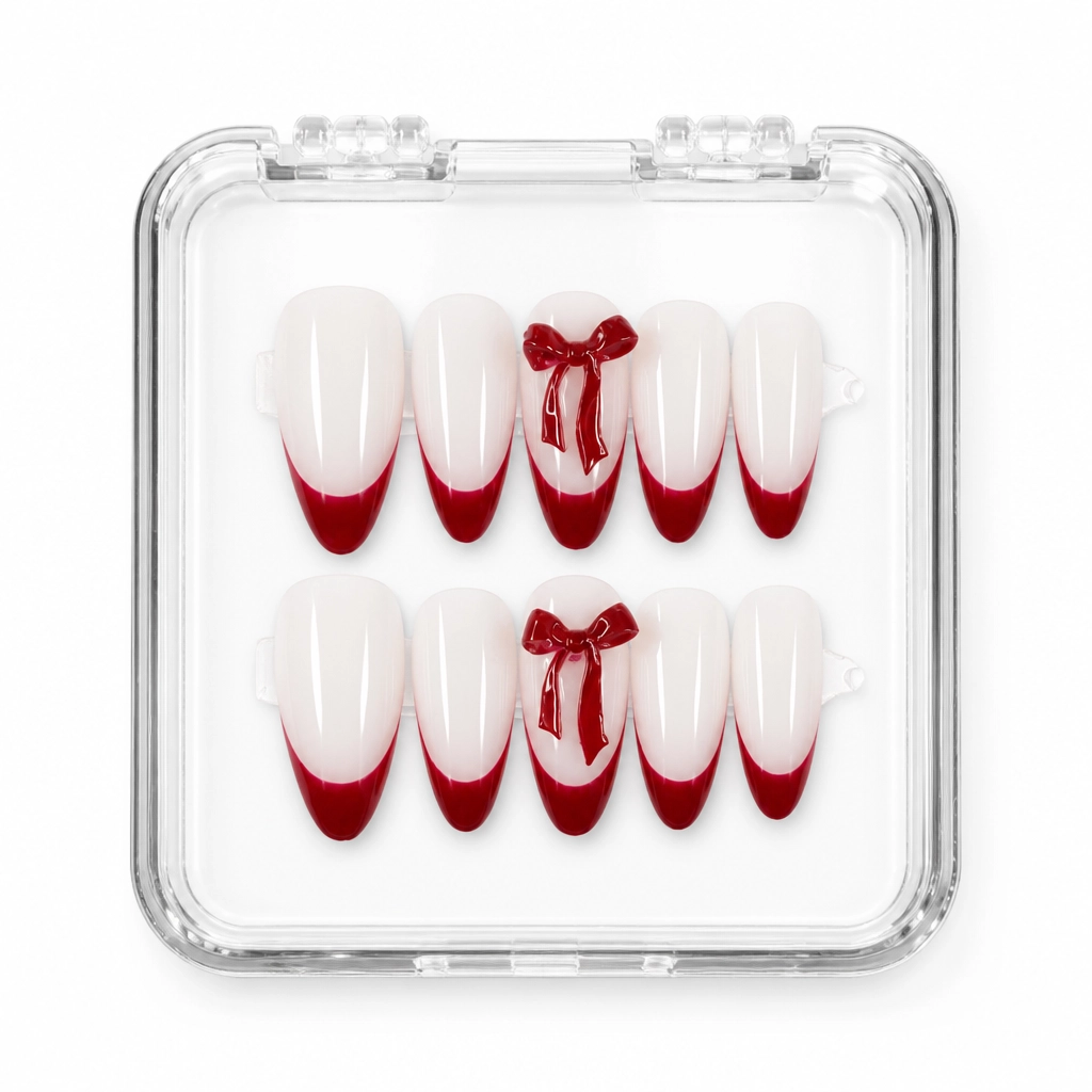 Press-on Nails Wholesale $7.90 Crimson Bow French by Yabe Vietnam